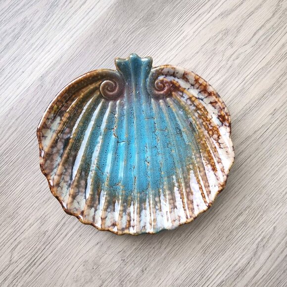 Pumpkin Plate Luncheon Salad Serving Tray Candy Dish Ribbed Pottery Seashell 9" - Picture 1 of 9